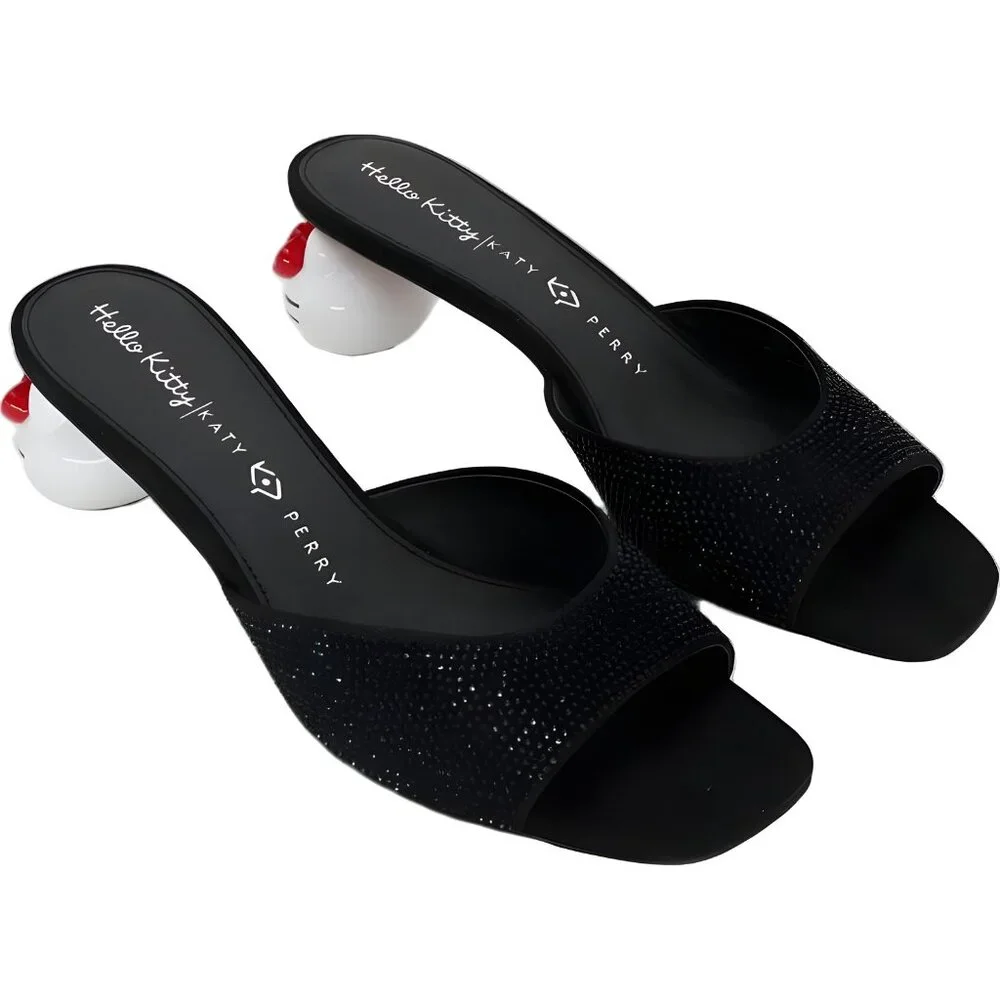 Hello Kitty x Katy Perry Rhinestone Heeled Slide Sandals Black Women 11M - Picture 4 of 6